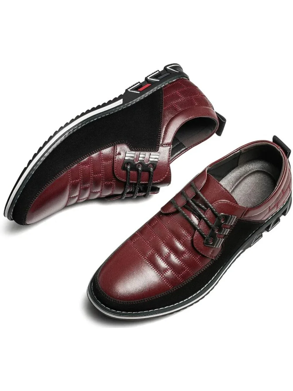 Men's Maroon Plaid Embossed Grid Leather Comfortable Hybrid Oxford Dress Sneaker